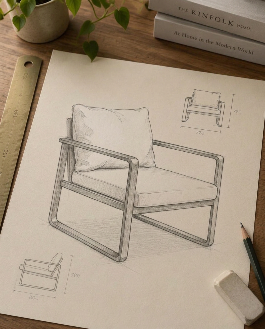 Hand-drawn sketch of an aluminum dining armchair